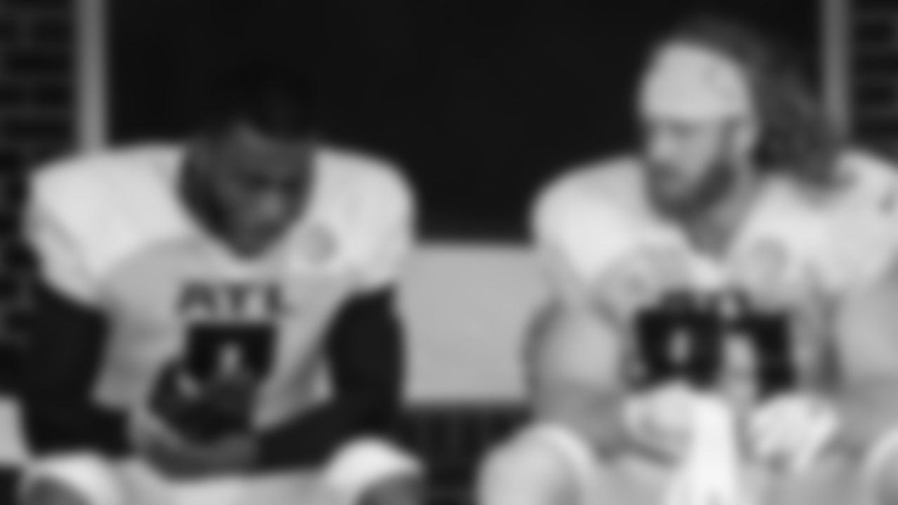 Atlanta Falcons tight end Kyle Pitts #8 sits with tight end Hayden Hurst #81 during AT&T Atlanta Falcons Training Camp at Atlanta Falcons Headquarters in Flowery Branch, Georgia, on Tuesday August 3, 2021. (Photo by Kara Durrette/Atlanta Falcons)