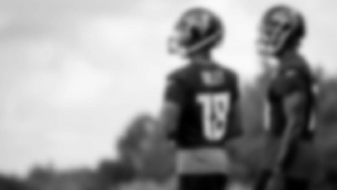 Atlanta Falcons wide receiver Julio Jones #11 walks with wide receiver Calvin Ridley #18 during practice at IBM Performance Field. (Photo by Kara Durrette/Atlanta Falcons)