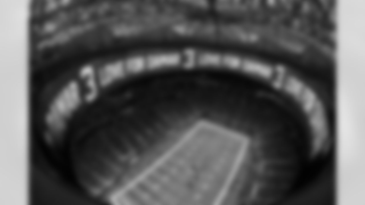 View from the roof of the ribbon honoring Damar Hamlin against the Tampa Bay Buccaneers at Mercedes-Benz Stadium in Atlanta, Georgia on Sunday, January 8, 2023. (Photo by Jay Bendlin/Atlanta Falcons)