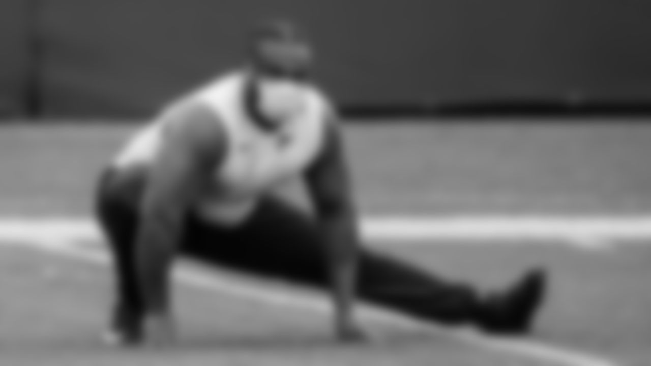 Atlanta Falcons defensive tackle Grady Jarrett #97 stretches before the game against the Tampa Bay Buccaneers on January 3, 2021.