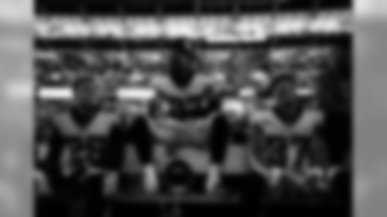 Atlanta Falcons cornerback Isaiah Oliver #26, strong safety Damontae Kazee #27 and free safety Ricardo Allen #37 look on before the game against the New Orleans Saints at the Mercedes-Benz Superdome in New Orleans, LA, on Sunday November 10, 2019. (Photo by Cato Cataldo/Atlanta Falcons)