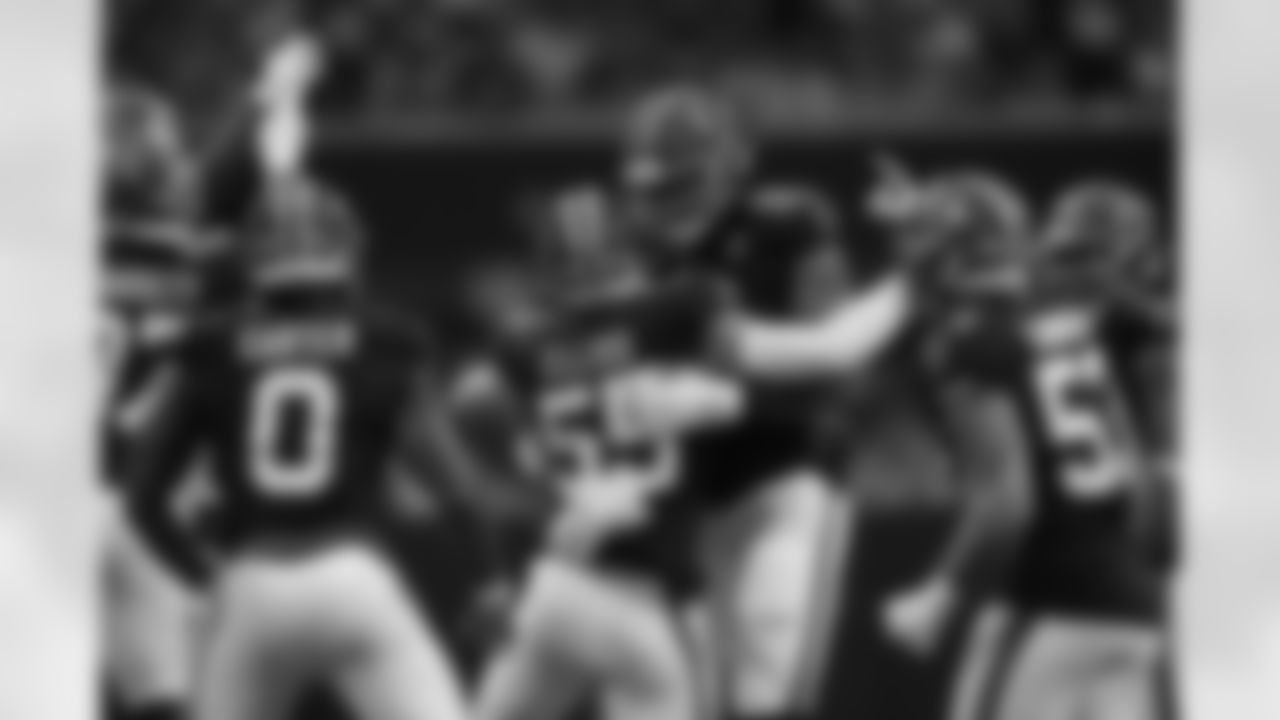 Atlanta Falcons linebacker Kaden Elliss #55 celebrates a sack during the Week 2 Game against the Green Bay Packers at Mercedes-Benz Stadium in Atlanta, Georgia on Sunday, September 17, 2023. (Photo by Shanna Lockwood/Atlanta Falcons)