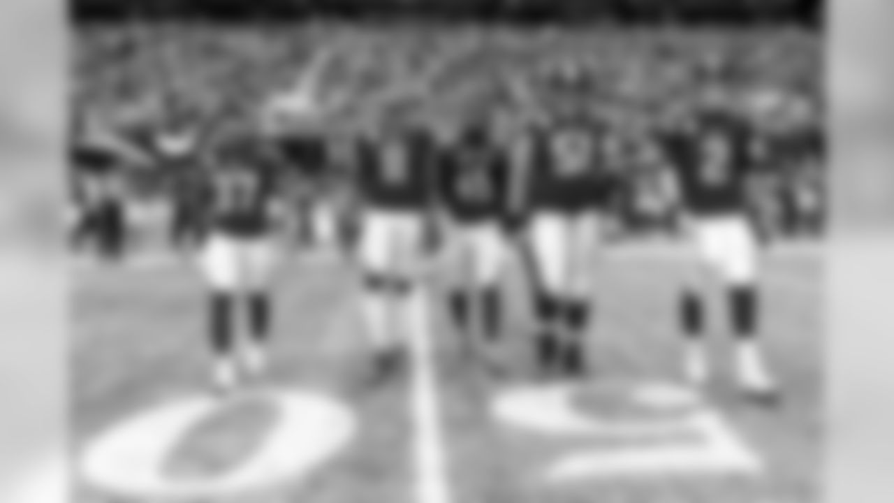 Atlanta Falcons free safety Ricardo Allen #37, wide receiver Julio Jones #11, linebacker Deion Jones #45, center Alex Mack #51, and quarterback Matt Ryan #2 walk up for the coin toss before the game against the Los Angeles Rams at Mercedes-Benz Stadium in Atlanta, GA, on Sunday October 20, 2019. (Photo by Lynn Bass/Atlanta Falcons)