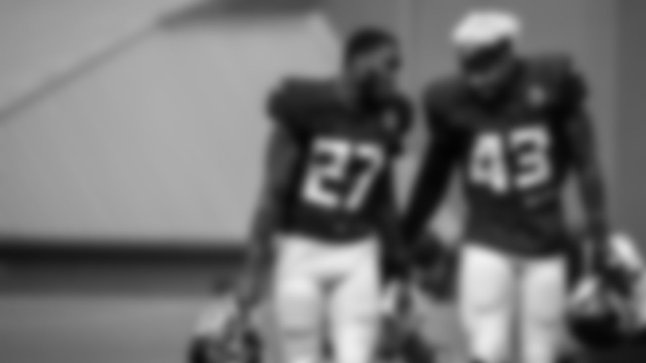 Atlanta Falcons safety Richie Grant #27 talks with linebacker Mykal Walker #43 during the AT&T Atlanta Falcons Training Camp at Atlanta Falcons Headquarters in Flowery Branch, Georgia, on Monday August 16, 2021. (Photo by )