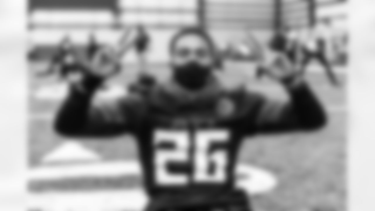 Atlanta Falcons cornerback Isaiah Oliver #26 gestures during practice at IBM Performance Field.