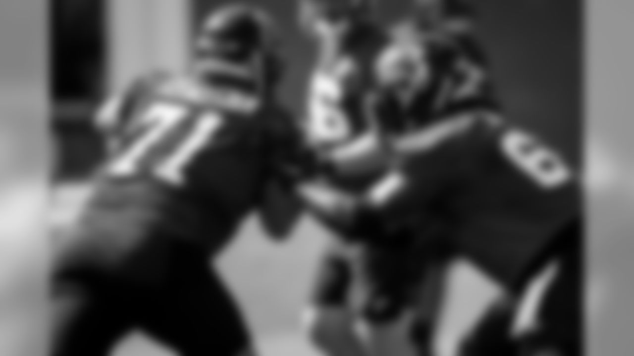 Atlanta Falcons offensive guard Jamon Brown #68 works with center Wes Schweitzer #71 during the third practice preparing for preseason week two against the New York Jets. (Photo by Kara Durrette/Atlanta Falcons)