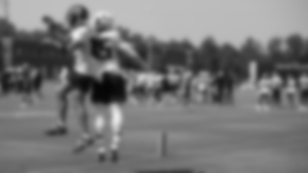 Atlanta Falcons wide receiver KhaDarel Hodge #12 and tight end MyCole Pruitt #85 during AT&T Atlanta Falcons Training Camp at Atlanta Falcons Training Facility in Flowery Branch, Ga. on Friday, July 28, 2023. (Photo by Shanna Lockwood/Atlanta Falcons)