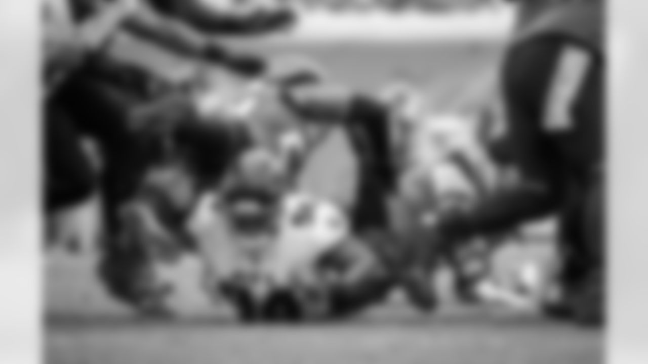 Atlanta Falcons defensive tackle Anthony Rush #94 forces a fumble during the second quarter against the Jacksonville Jaguars at TIAA Bank Field in Jacksonville, Florida on Sunday, November 28, 2021. (Photo by Mitchell Martin/Atlanta Falcons)