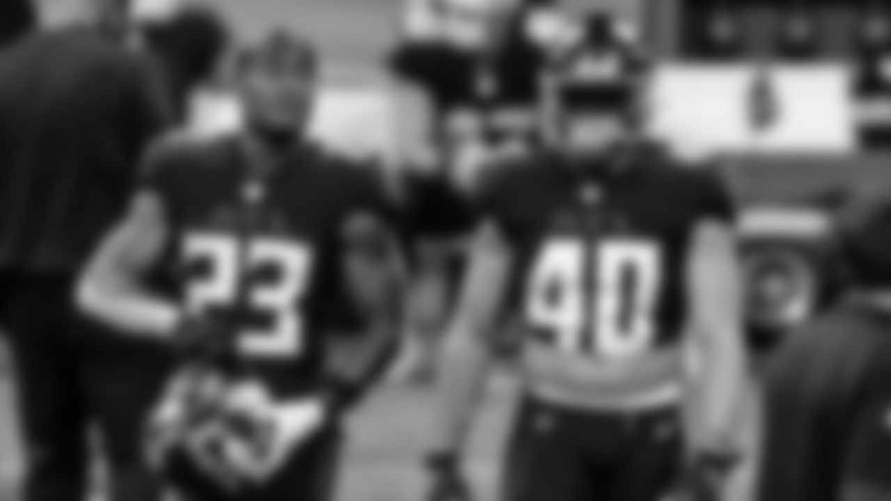 Atlanta Falcons running back Brian Hill #23 and fullback Keith Smith #40 are shown before the game against the Las Vegas Raiders on November 29, 2020.