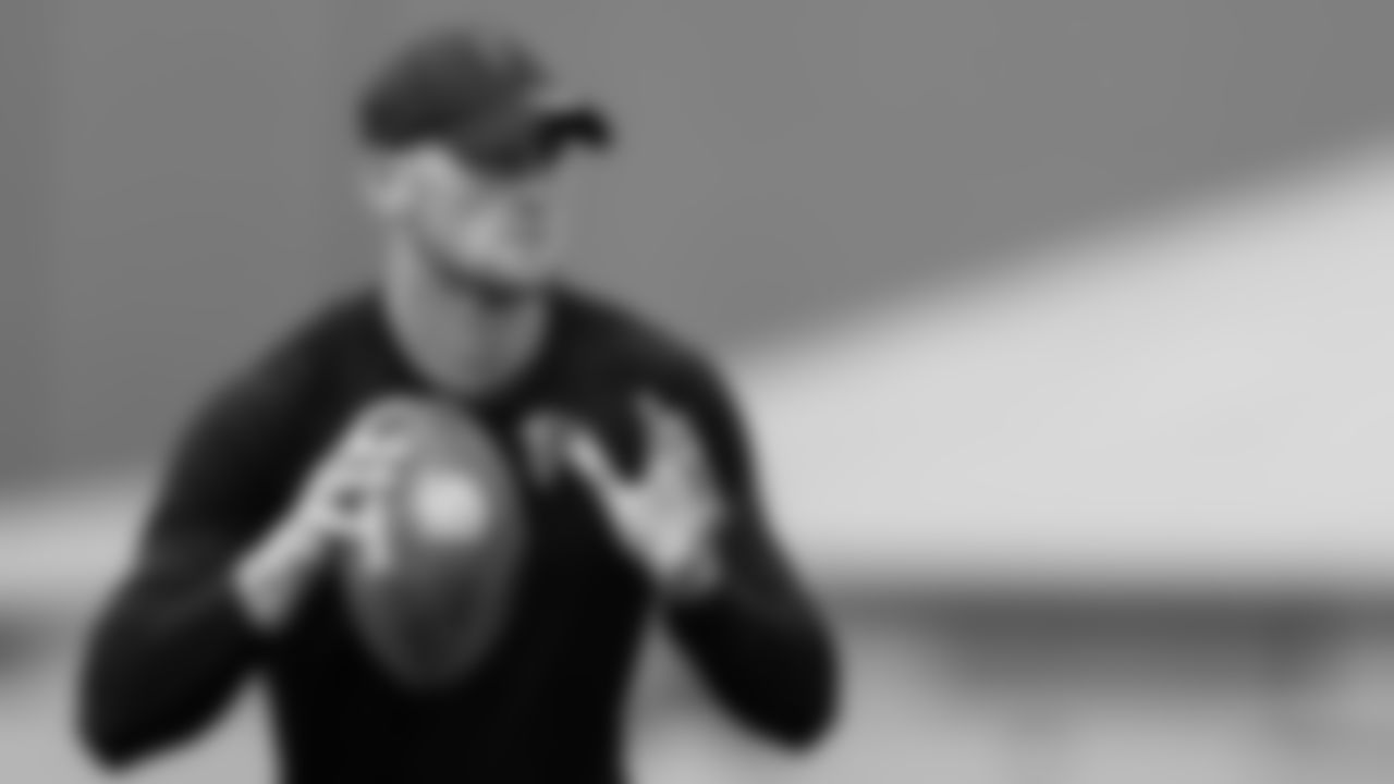Atlanta Falcons quarterback Danny Etling #16 throws a ball at AT&T Atlanta Falcons Training Camp on August 11, 2020 in Flowery Branch, GA. (Photo by Kara Durrette/Atlanta Falcons)