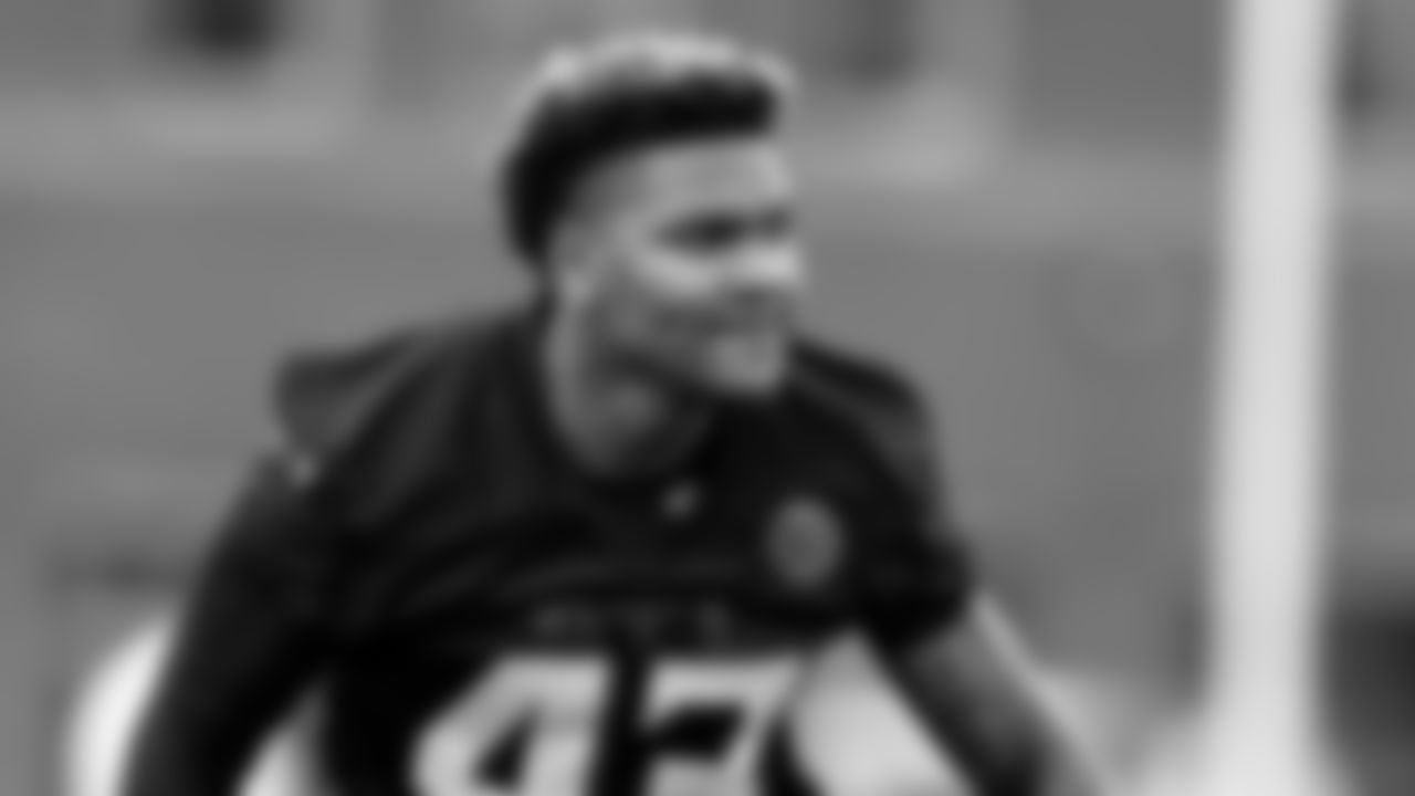 Atlanta Falcons linebacker Mykal Walker #43 in action during field work drills in Phase II of the Atlanta Falcons offseason program on May 18, 2021.