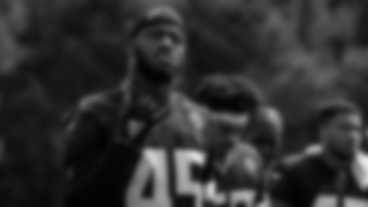 Atlanta Falcons linebacker Deion Jones #45 gestures during AT&T Atlanta Falcons Training Camp at Atlanta Falcons Headquarters in Flowery Branch, Georgia, on Friday August 6, 2021. (Photo by Sam Larsen/Atlanta Falcons)