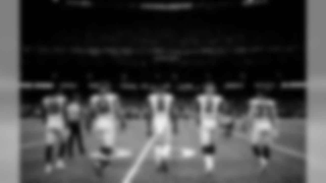 Atlanta Falcons wide receiver Calvin Ridley #18, center Alex Mack #51, wide receiver Julio Jones #11, quarterback Matt Ryan #2 and free safety Ricardo Allen #37 take the field for the coin toss before the game against the New Orleans Saints at the Mercedes-Benz Superdome in New Orleans, LA, on Sunday November 10, 2019. (Photo by Rob Foldy/Atlanta Falcons)