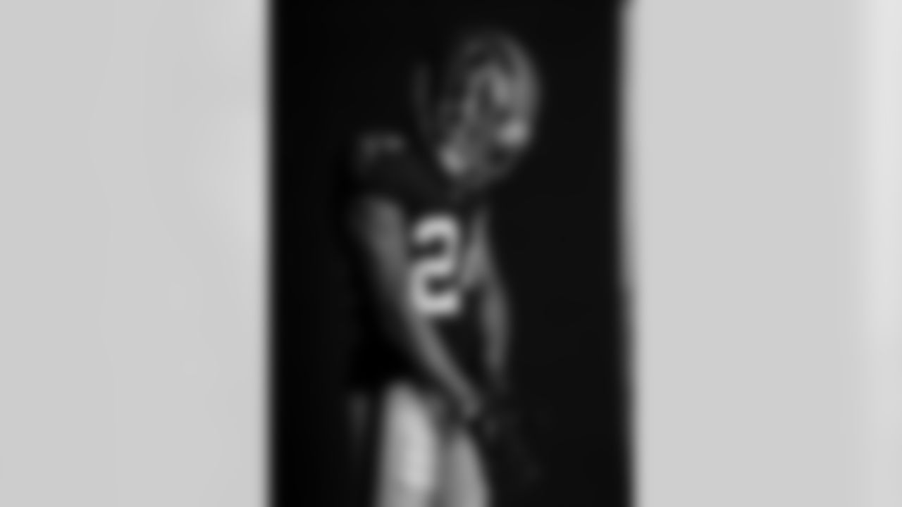 AJ Terrell poses for a portrait during the Red Helmet shoot at Mercedes-Benz Stadium in Atlanta, Georgia on Friday, May 17, 2022. (Photo by Brandon Magnus/Atlanta Falcons)