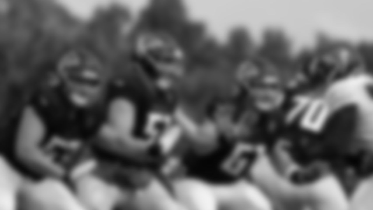 Atlanta Falcons offensive guard Chris Lindstrom #63, center Alex Mack #51, and center Matt Hennessy #61 in action at AT&T Atlanta Falcons Training Camp on August 20, 2020 in Flowery Branch, GA. (Photo by Kara Durrette/Atlanta Falcons)