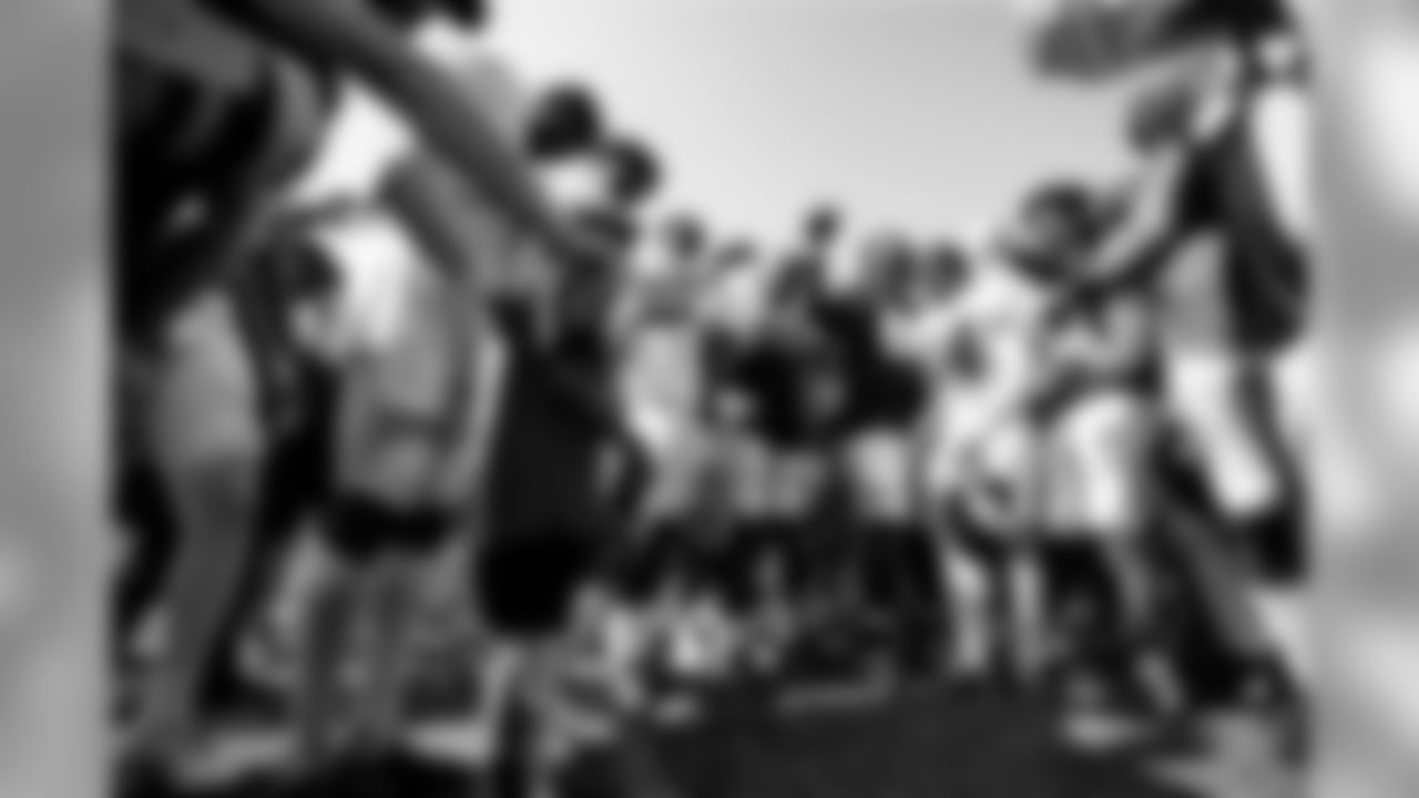 July 29, 2019 - D'Eric Salder, who lost his leg due to complications at birth, breaks the team down on the seventh day of practice. (Photo by Kara Durrette/Atlanta Falcons)