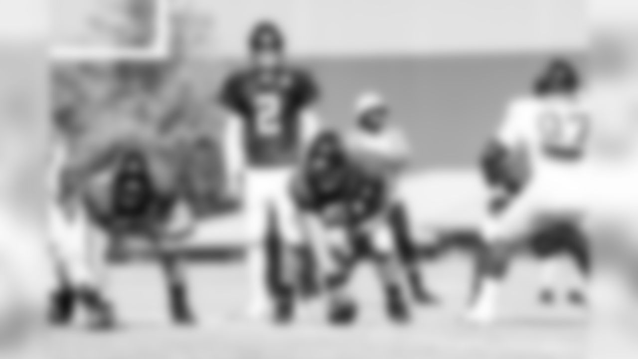 July 27, 2019 - QB Matt Ryan with C Alex Mack and OG Chris Lindstrom on the fifth day of practice. (Photo by Kara Durrette/Atlanta Falcons)