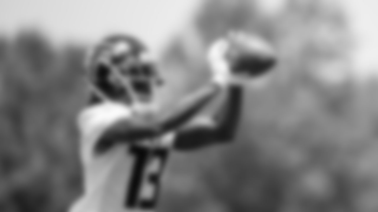 Atlanta Falcons wide receiver Christian Blake #13 catches a ball during organized team activities in Phase III of the Atlanta Falcons offseason program on May 25, 2021.