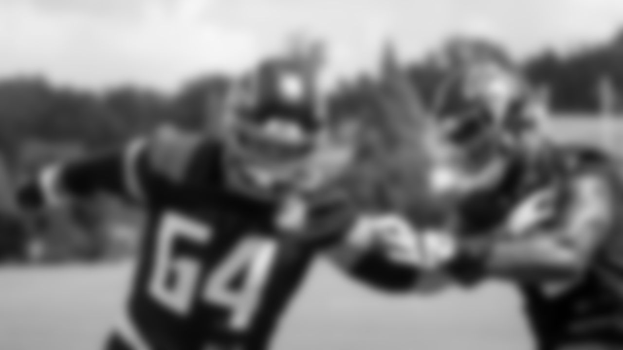 Atlanta Falcons guard Sean Harlow #64 works during practice at IBM Performance Field. (Photo by Kara Durrette/Atlanta Falcons)