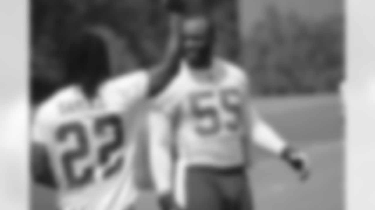 Asante Samuel and John Abraham chat during practice // 2012 Atlanta Falcons Minicamp - Day 3 // June 21, 2012 // Flowery Branch, Ga. -