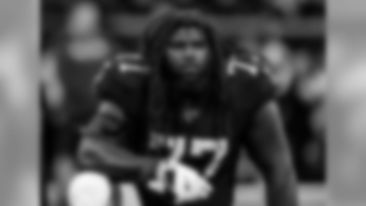 Atlanta Falcons offensive guard James Carpenter #77 looks on before the game against the New Orleans Saints at Mercedes-Benz Stadium in Atlanta, GA, on Thursday November 28, 2019. (Photo by Lynn Bass/Atlanta Falcons)