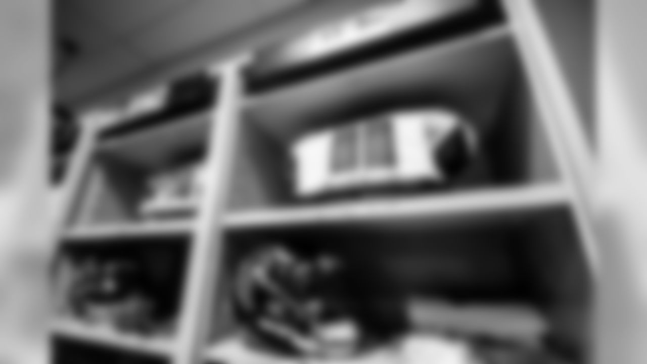 A detailed view of the lockers of Atlanta Falcons wide receiver Julio Jones #11 and wide receiver Mohamed Sanu #12 before the game against the Minnesota Vikings at US Bank Stadium in Minneapolis, Minnesota, on Sunday September 8, 2019. (Photo by Rob Foldy/Atlanta Falcons)