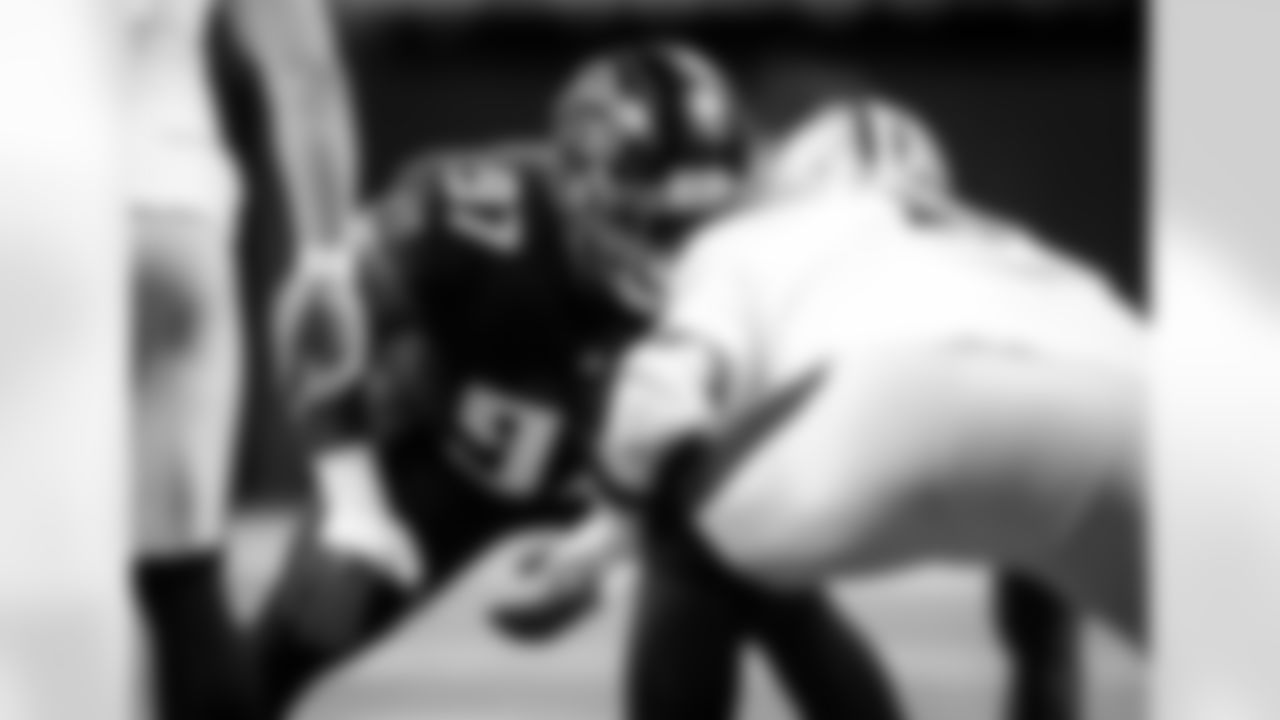Atlanta Falcons defensive tackle Grady Jarrett #97 lines up during the first half against the New Orleans Saints at Mercedes-Benz Stadium in Atlanta, Georgia on Sunday, January 9, 2022. (Photo by Shanna Lockwood/Atlanta Falcons)