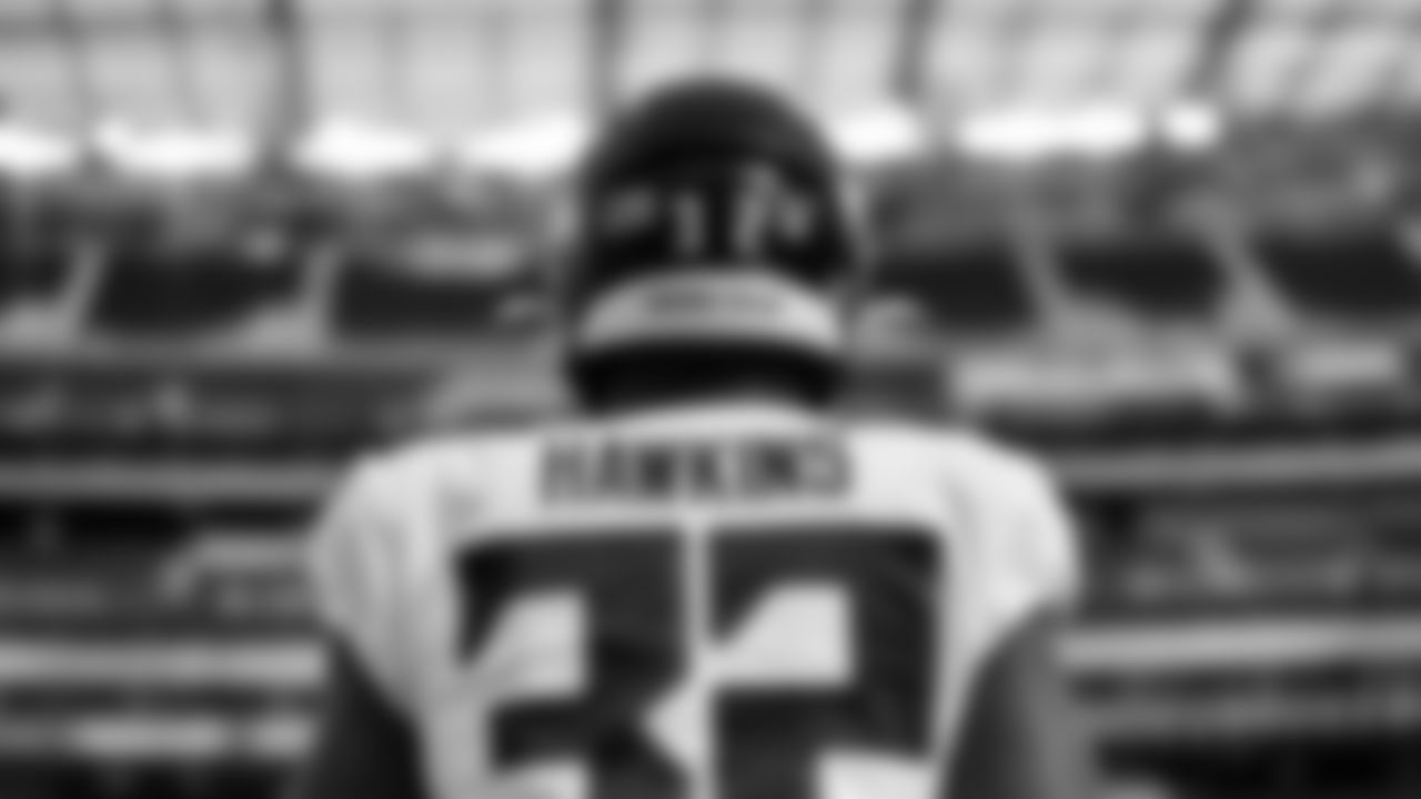 Atlanta Falcons safety Jaylinn Hawkins #32 looks on during pregame before the game against the Los Angeles Chargers on December 13, 2020.