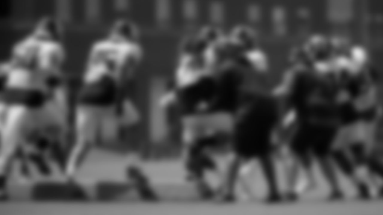 Coaches Aden Durde and Jess Simpson direct the defense through bags at IBM Performance Field on September 1, 2020 in Flowery Branch, GA. (Photo by Kara Durrette/Atlanta Falcons)
