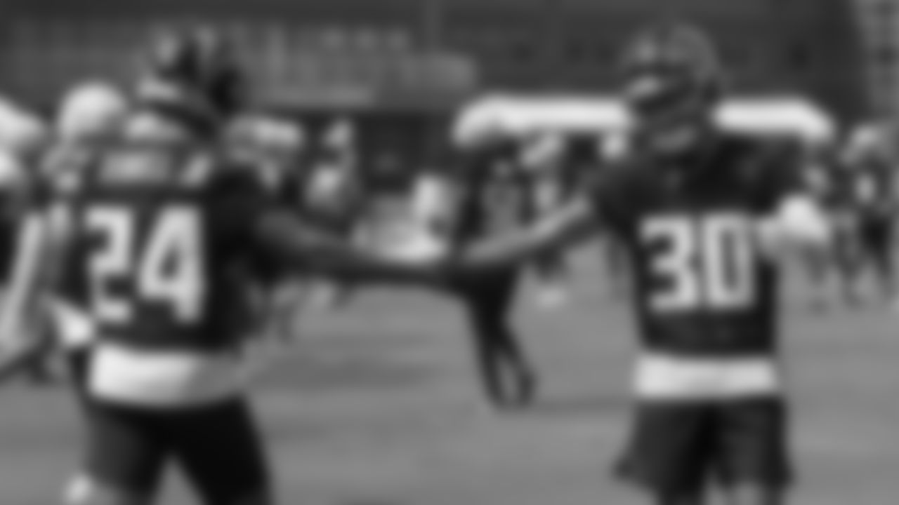 Atlanta Falcons cornerback A.J. Terrell #24 and safety Jessie Bates III #30 during AT&T Atlanta Falcons Training Camp at Atlanta Falcons Training Facility in Flowery Branch, Ga. on Friday, July 28, 2023. (Photo by Shanna Lockwood/Atlanta Falcons)