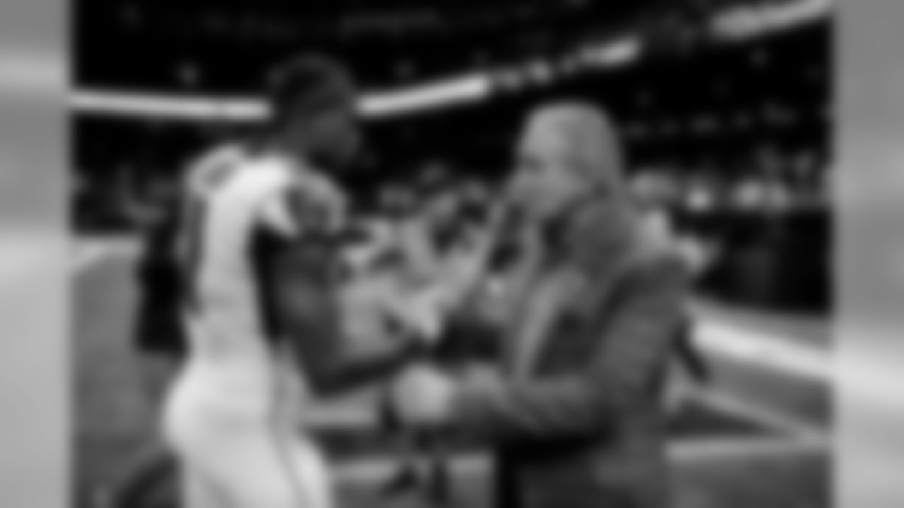 Atlanta Falcons owner Arthur Blank shakes hands with wide receiver Julio Jones #11 after the game against the New Orleans Saints at the Mercedes-Benz Superdome in New Orleans, LA, on Sunday November 10, 2019. (Photo by Rob Foldy/Atlanta Falcons)