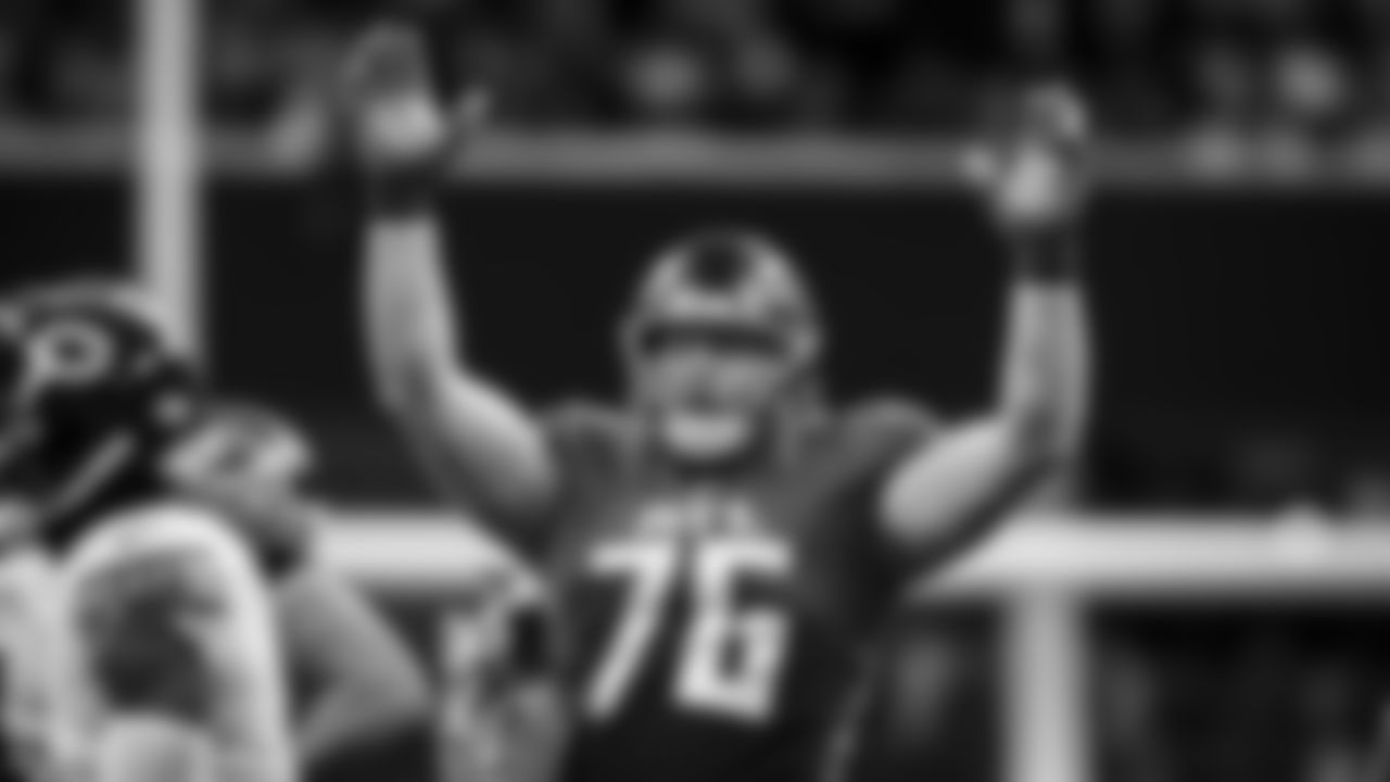 Atlanta Falcons tackle Kaleb McGary #76 is seen during the second half against the Chicago Bears at Mercedes-Benz Stadium in Atlanta, Georgia on Sunday, November 20, 2022. (Photo by Shanna Lockwood/Atlanta Falcons)