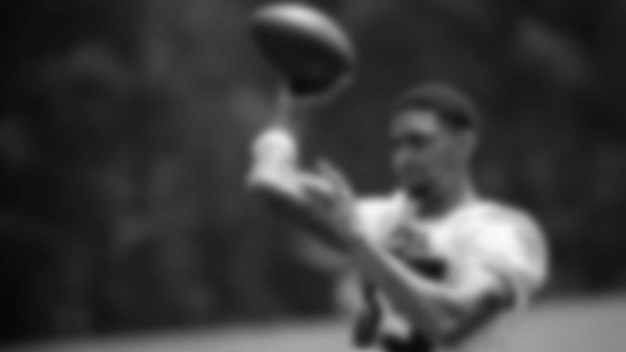 Atlanta Falcons wide receiver Tajae Sharpe #83 throws a ball during organized team activities in Phase III of the Atlanta Falcons offseason program on May 25, 2021.