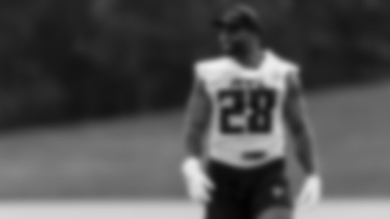 Atlanta Falcons running back Mike Davis #28 looks on during field work drills in Phase II of the Atlanta Falcons offseason program on May 18, 2021.