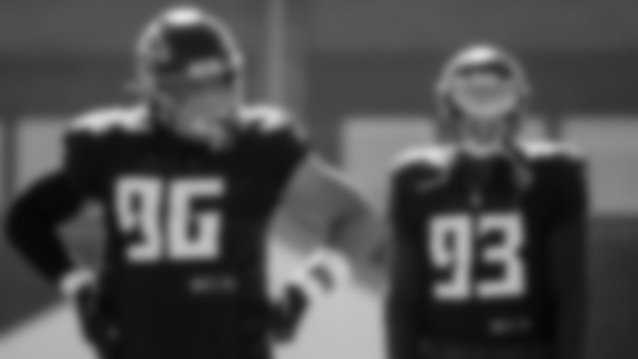 Atlanta Falcons defensive tackle Tyeler Davison #96 and defensive end Allen Bailey #93 look on during practice at IBM Performance Field. (Photo by Kara Durrette/Atlanta Falcons)