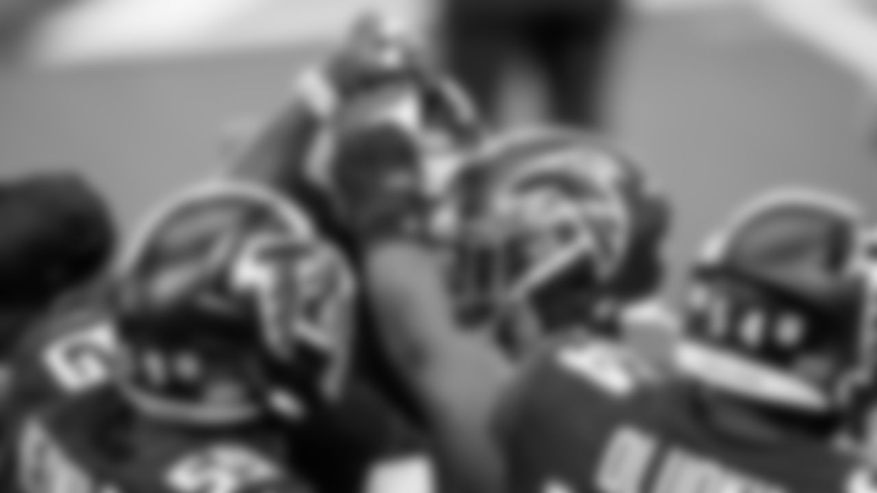 The linebackers huddle up before the game against the Dallas Cowboys on September 20, 2020. (Photo by Kyle Hess/Atlanta Falcons)