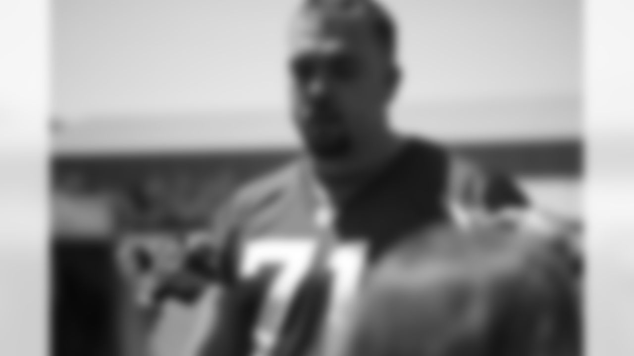 Offensive lineman Wes Schweitzer takes his turn in front of the microphones