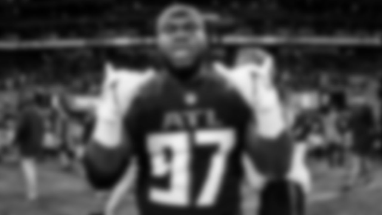 Atlanta Falcons defensive lineman Grady Jarrett #97 prior to the game against the Carolina Panthers at Mercedes-Benz Stadium in Atlanta, Georgia on Sunday, October 30, 2022. (Photo by Brandon Magnus/Atlanta Falcons)