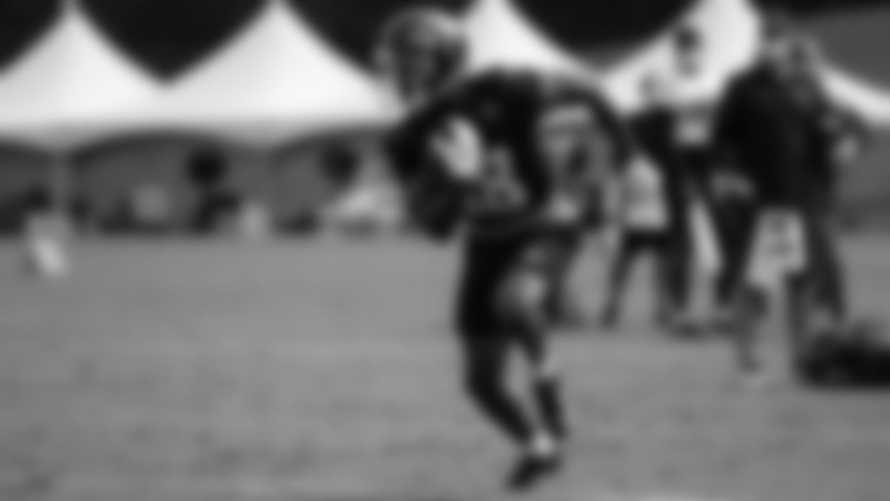 Atlanta Falcons wide receiver Calvin Ridley #18 runs with the ball at AT&T Atlanta Falcons Training Camp on August 23, 2020 in Flowery Branch, GA. (Photo by Kara Durrette/Atlanta Falcons)