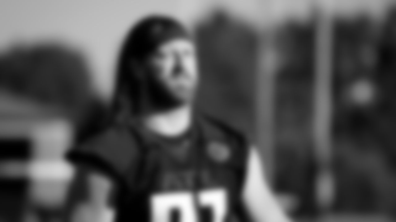 Atlanta Falcons tight end Hayden Hurst #81 looks on at AT&T Atlanta Falcons Training camp on August 16, 2020 in Flowery Branch, Ga. (Photo by Kara Durrette/Atlanta Falcons)