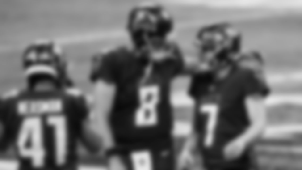 Atlanta Falcons kicker Younghoe Koo #7 celebrates with quarterback Matt Schaub #8 during the second half against the Las Vegas Raiders on November 29, 2020.