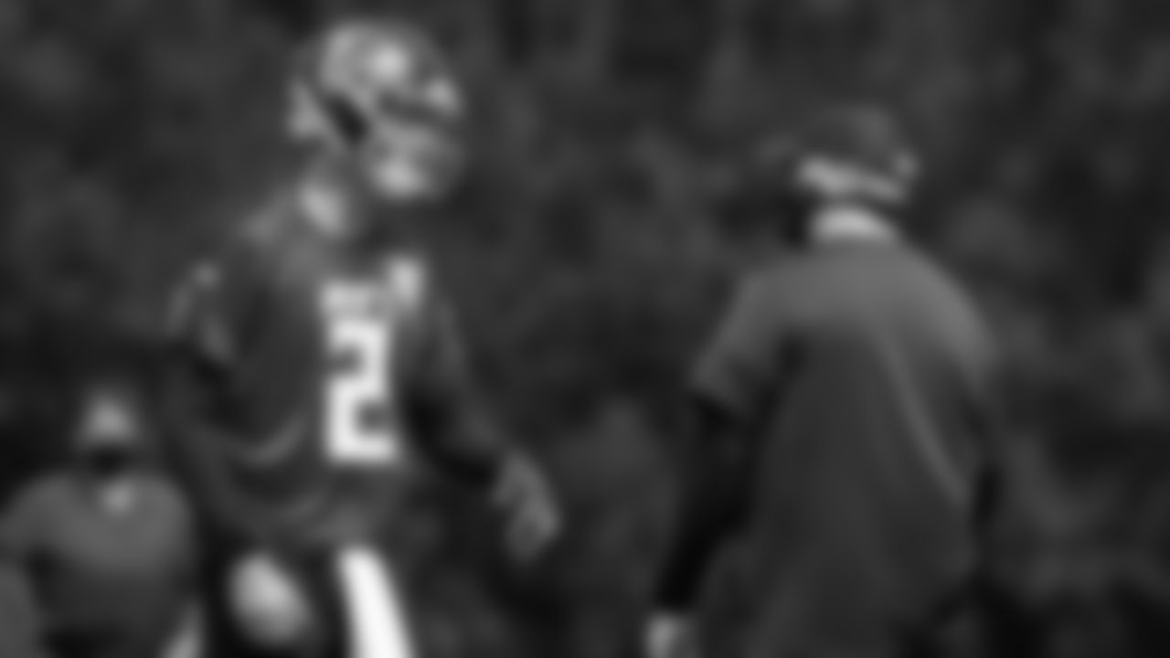 Atlanta Falcons head coach Dan Quinn talks with quarterback Matt Ryan #2 during practice at IBM Performance Field. (Photo by Kara Durrette/Atlanta Falcons)