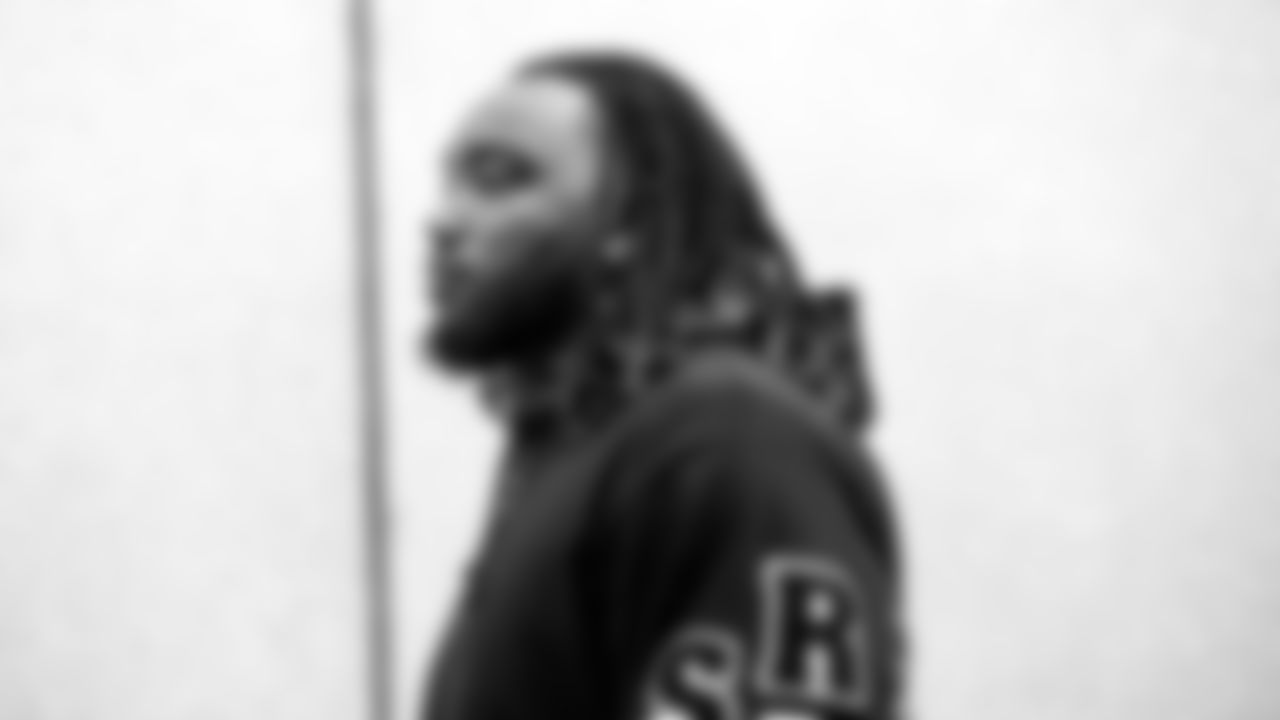 Atlanta Falcons defensive lineman Ta'Quon Graham #95 arrives prior to a game against the Los Angeles Chargers at Mercedes-Benz Stadium in Atlanta, Georgia on Sunday, November 6, 2022. (Photo by Shanna Lockwood/Atlanta Falcons)