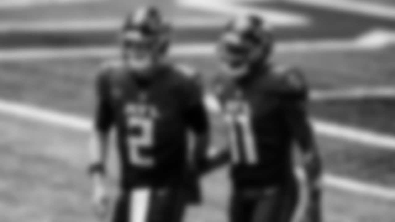 Atlanta Falcons quarterback Matt Ryan #2 and wide receiver Julio Jones #11 are shown together after quarterback Matt Ryan #2 threw a touchdown pass to wide receiver Calvin Ridley #18 during the second quarter against the Detroit Lions on October 25, 2020. (Photo by AJ Reynolds/Atlanta Falcons)