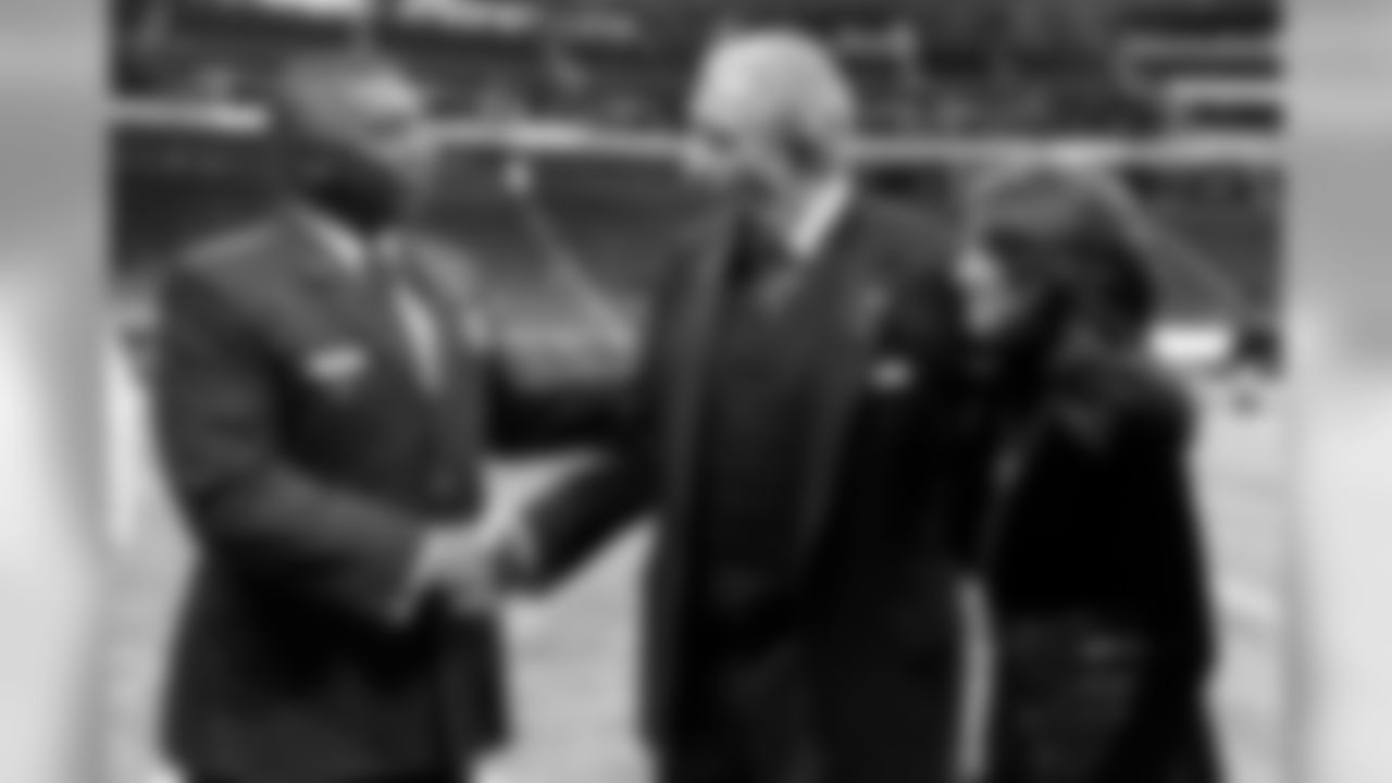 Atlanta Falcons Arthur M Blank greets with members of the military before the game between the Atlanta Falcons and the Tampa Bay Buccaneers at Mercedes-Benz Stadium in Atlanta, GA, on Sunday November 24, 2019. (Photo by Jacob Gonzalez/Atlanta Falcons)