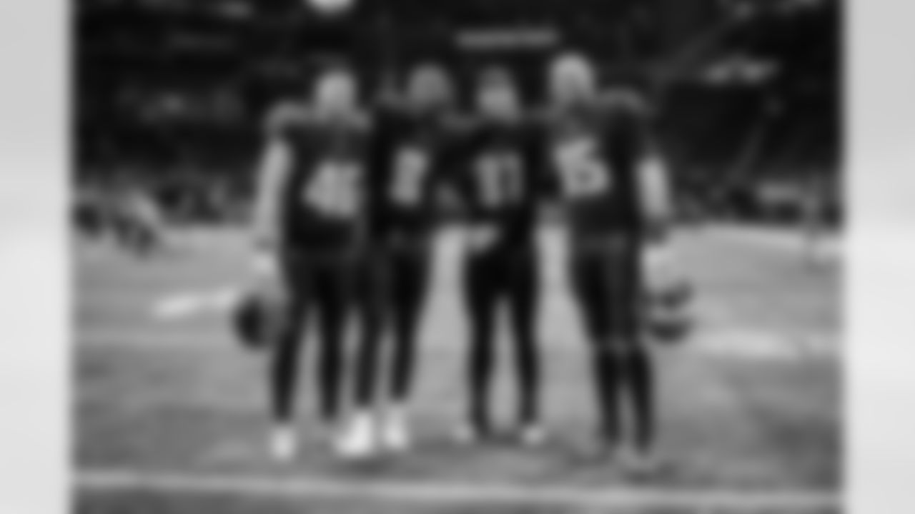 Atlanta Falcons tight ends pose after their game against the New Orleans Saints at Mercedes-Benz Stadium in Atlanta, Georgia on Sunday, January 9, 2022. (Photo by Dakota Williams/Atlanta Falcons)