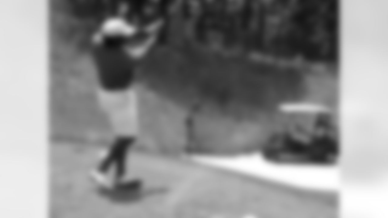 Former Falcons linebacker and Ring of Honor member Jessie Tuggle hammers a shot at the 17th tee // Seventh Annual Verizon Network of Champions Golf Tournament // 6/13/11 // Suwanee, Ga. -
