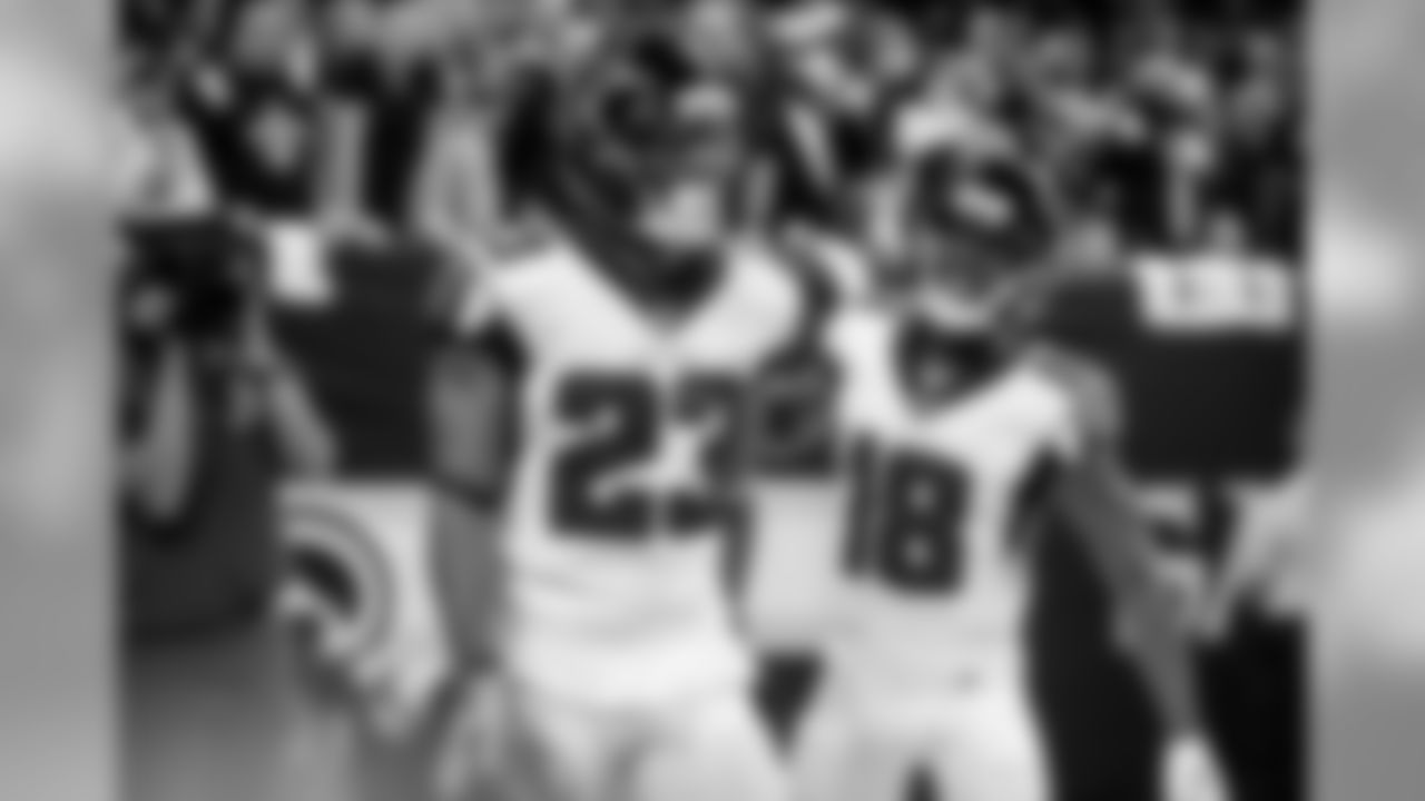 Atlanta Falcons running back Brian Hill #23 celebrates with wide receiver Calvin Ridley #18 after scoring a touchdown during the fourth quarter of the game against the New Orleans Saints at the Mercedes-Benz Superdome in New Orleans, LA, on Sunday November 10, 2019. (Photo by Kara Durrette/Atlanta Falcons)