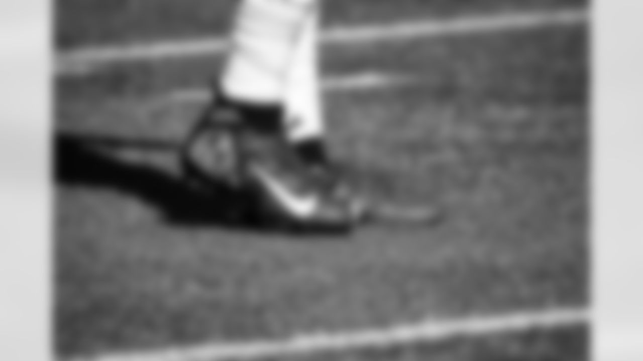 A view of the cleats of Atlanta Falcons running back Cordarrelle Patterson #84 prior to a game against the Carolina Panthers at Bank of America Stadium in Charlotte, North Carolina on Sunday, December 12, 2021. (Photo by Shanna Lockwood/Atlanta Falcons)