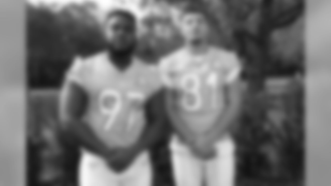 Atlanta Falcons defensive tackle Grady Jarrett (97) and tight end Austin Hooper (81) pose for a photo after 2020 Pro Bowl team portraits, Thursday, Jan. 23, 2020 in Orlando, Fla. (Logan Bowles/NFL)